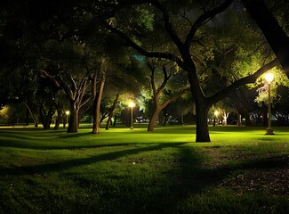 Obraz premium Beautiful night view of trees in the park, with lights shining on them and shadows dancing along the paths