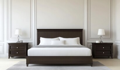 Elegant bedroom interior with dark wood furniture and white bedding.