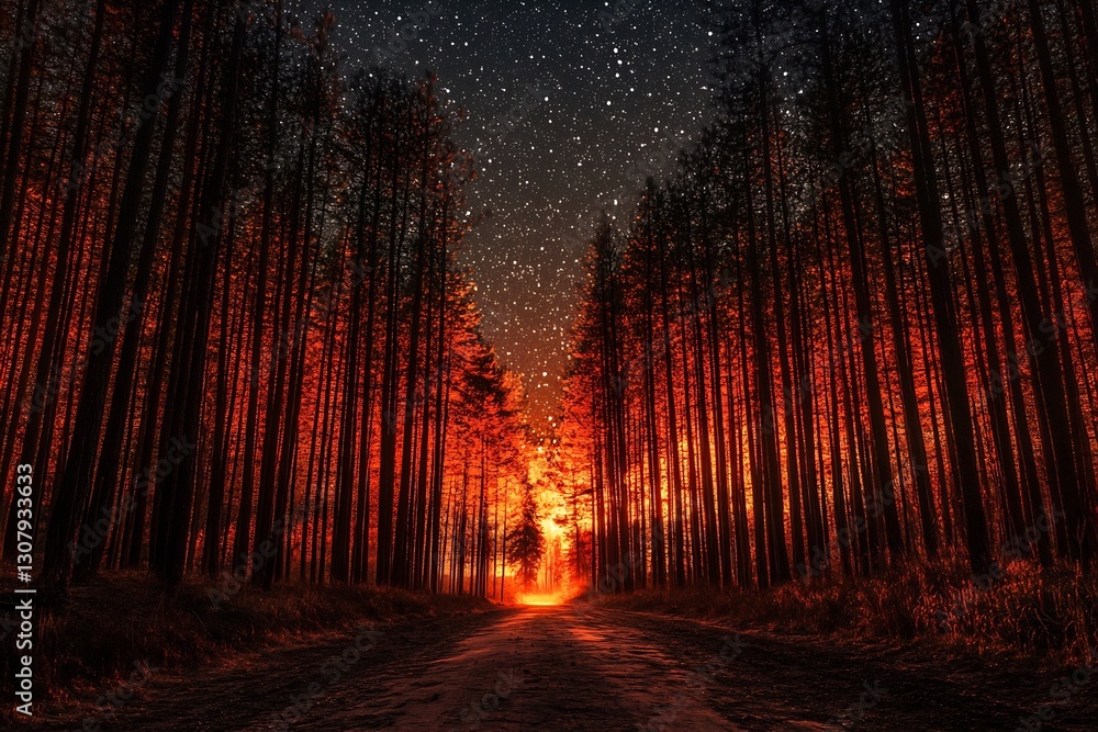 Aufkleber magical forest pathway glowing in red tones beneath a canvas of twinkling stars : generative ai
