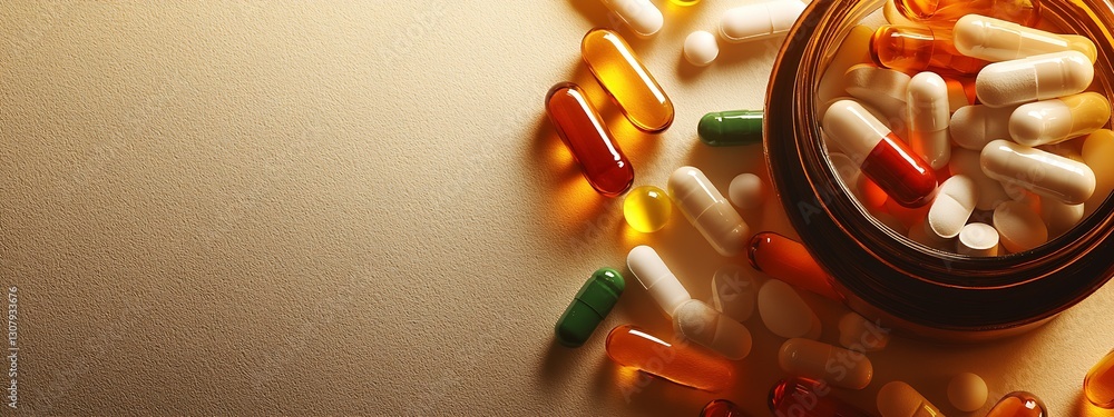 Aufkleber assorted colorful capsules and tablets spilled from a glass bottle on a light background : generativ