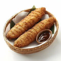Crispy Fried Banana Dessert Photo - Golden Brown Fried Plantains with Sweet Sauce in a Basket