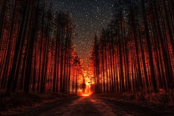 Magical forest pathway glowing in red tones beneath a canvas of twinkling stars : Generative AI