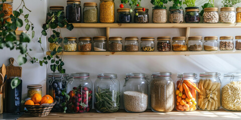 A cozy kitchen corner filled with jars of plant-based grains and colorful fruits in baskets