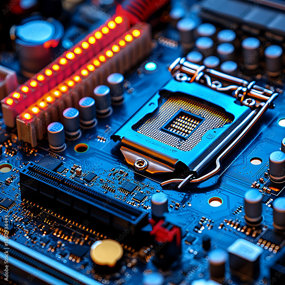Poster closeup of a computer motherboards cpu socket, glowing with vibrant led lights. a powerful image rep