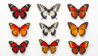 Schmetterlinge in bunten Farben auf weißem Hintergrund als Natursymbolik

