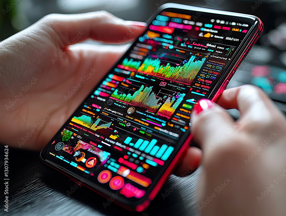 Poster closeup of hands holding a smartphone displaying vibrant, dynamic stock market data and graphs. perf