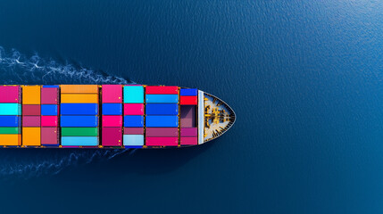 Bird's eye view of a colossal cargo vessel traversing the open sea, a dazzling display of international shipping containers, panama canal