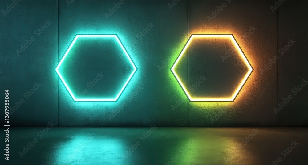 Poster neon hexagons glowing in vibrant turquoise and orange against a dark concrete wall, creating a moder
