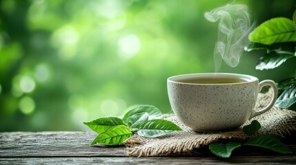 Steaming green tea cup outdoors, nature background