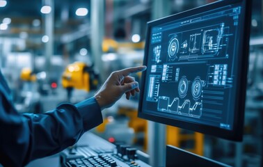 operating hand of operator controller with data base of Scada system on computer screen.
