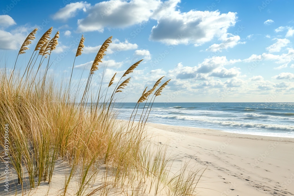 Poster charming beach atmosphere with swaying grass dunes beside gentle ocean waves : generative ai