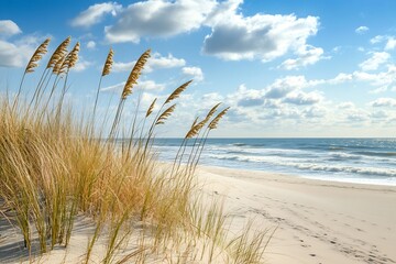Charming beach atmosphere with swaying grass dunes beside gentle ocean waves : Generative AI