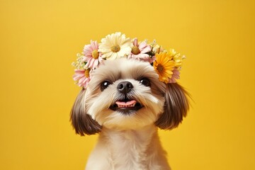 Cute baby dog siberian husky wearing untamed flower circlet on its head - symbol of sunny holiday season. Isolated blue background, copy space, marketing creative. Professional studio graphic.