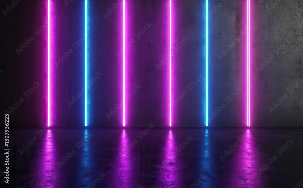 Poster neon light strips on dark wall with reflection, creating a vibrant and dynamic atmosphere for creati