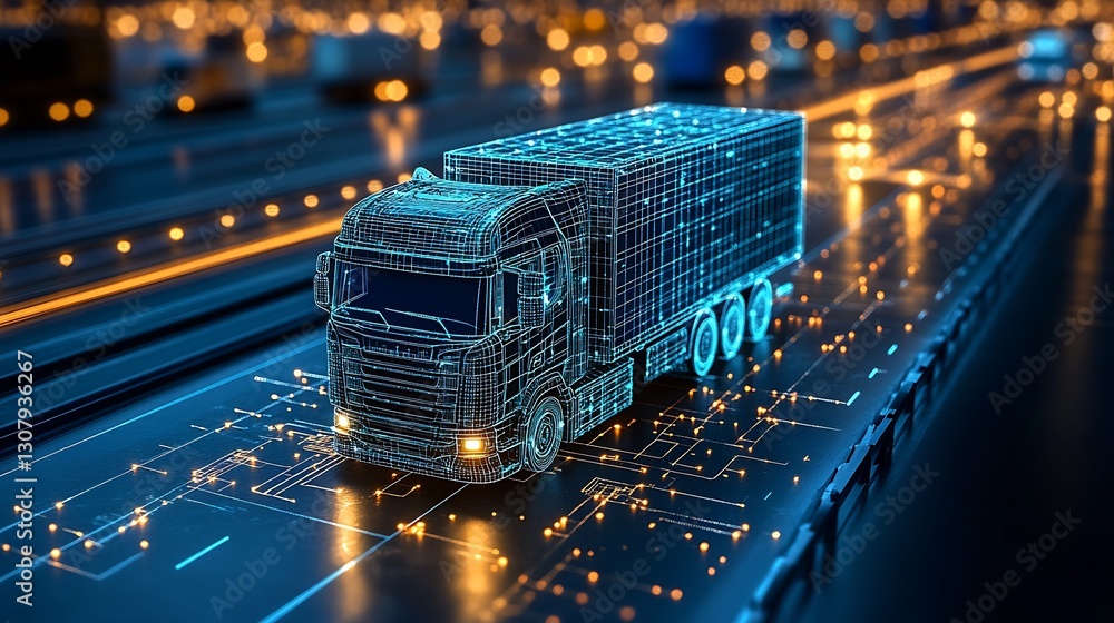 Aufkleber Futuristic 3D model of a semi-truck showcasing advanced technology on a digitally illuminated highway at night with dynamic elements : Generative AI