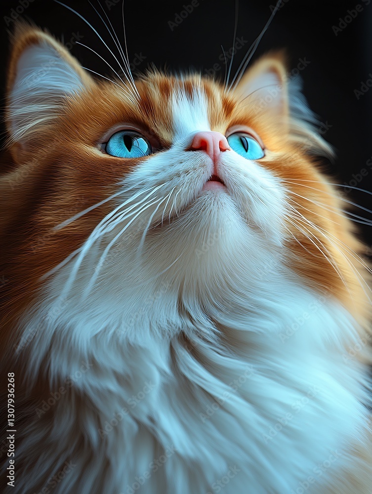 Poster an enchanting persian cat with vivid blue eyes captured in a thoughtful pose showcasing its soft fur