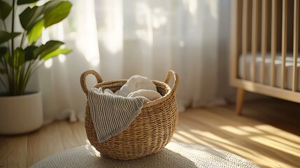 Fototapeta premium Sunlit Nursery Basket of Laundry