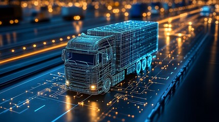 Futuristic 3D model of a semi-truck showcasing advanced technology on a digitally illuminated highway at night with dynamic elements : Generative AI
