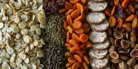 Naklejka premium A creative vegan charcuterie board with plant-based cheeses, dried fruits, and crackers