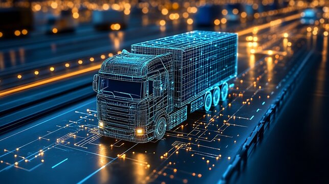 Futuristic 3D model of a semi-truck showcasing advanced technology on a digitally illuminated highway at night with dynamic elements : Generative AI - Powered by Adobe