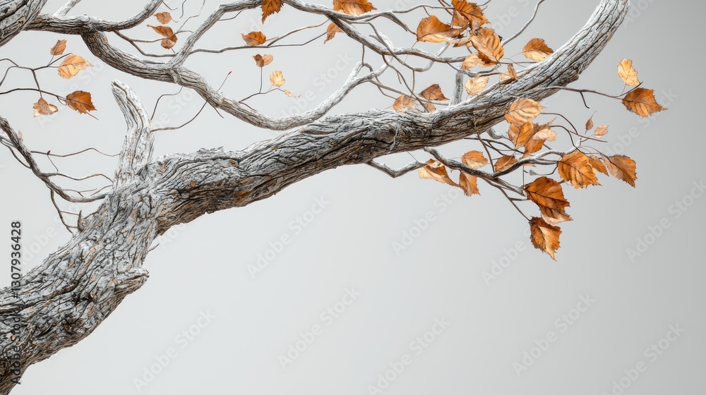Poster close-up of a gnarled tree branch with a few remaining autumn leaves against a light gray background