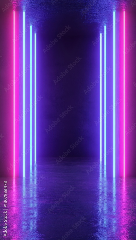 Poster neon lighted corridor with glowing pink and blue vertical strips in a dark empty space, creating a f