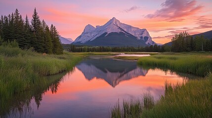 Majestic Mountain Sunset: Serene Lake Reflects Pink Hues
