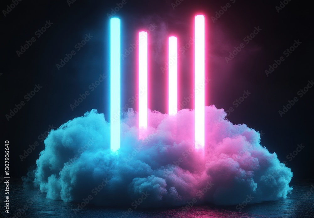 Aufkleber neon lights emanating from misty clouds in a dark background with vibrant color contrast creating a 
