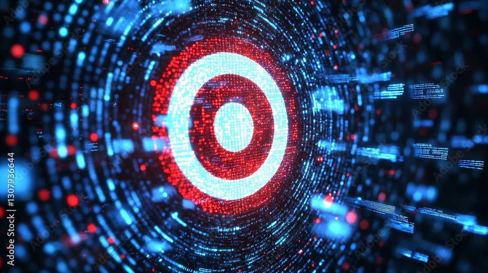 Poster Engaging futuristic digital representation featuring bright red and blue circles surrounded by data streams : Generative AI