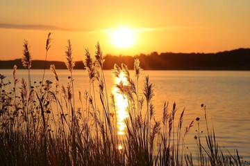 Stunning sunset reflection on lake with tall grass and vibrant colors creating calm atmosphere : Generative AI