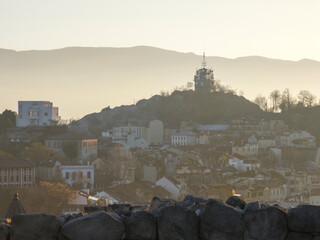 Sunset panrama of Plovdiv city from Nebet Tepe hill, Bulgaria