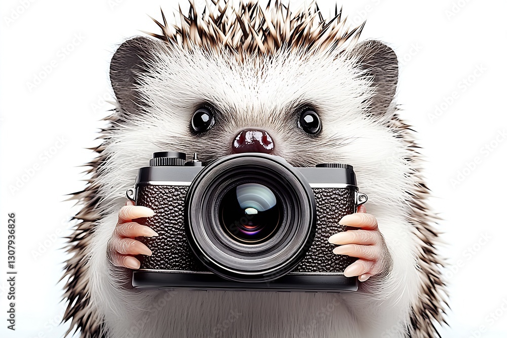 Poster Adorable hedgehog grasping a camera with its tiny paws displaying an endearing and curious demeanor : Generative AI