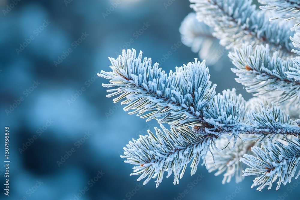 Poster frosted pine branch with snow coating the tips in calm winter light against blue background : genera