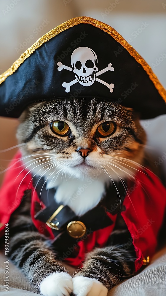 Poster adorable cat dressed as a pirate with a hat featuring a skull and crossbones : generative ai