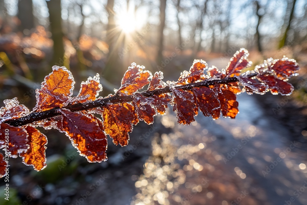 Poster Stunning close up of frosted leaves sparkling in sunlight with a beautiful forest path creating a magical winter scene : Generative AI