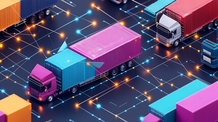 Trucks and containers highlighted in a digital shipping interface with vibrant colors : Generative AI
