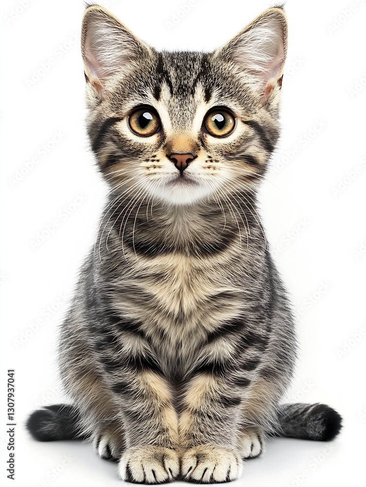 Poster Charming tabby kitten with large expressive eyes posed against clean white backdrop : Generative AI