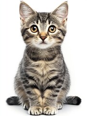 Fototapeta premium Charming tabby kitten with large expressive eyes posed against clean white backdrop : Generative AI