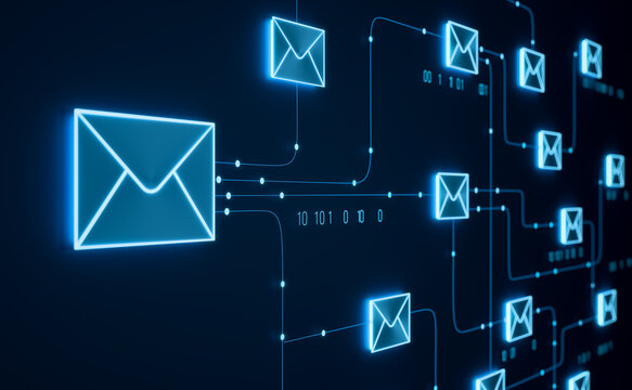 Close-up e-mail server, icon,  transfer, communication and data. Business, e-mail marketing, social media, computer network, mail server. 3D illustration