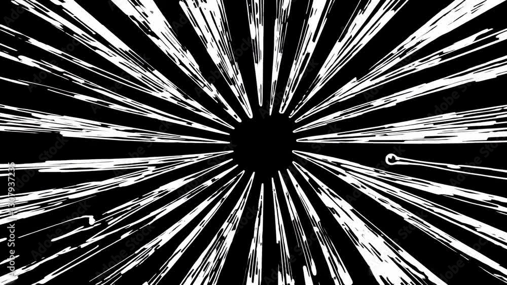 Poster dynamic video frame with a radial burst effect, captured from a central camera angle, creating a sen