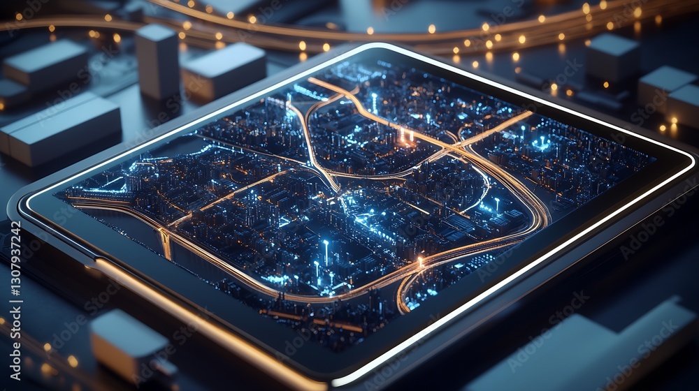 Poster digital representation of an urban area with illuminated roads and pathways shown on a tablet surfac