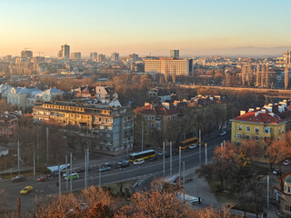 Sunset panrama of Plovdiv city from Nebet Tepe hill, Bulgaria