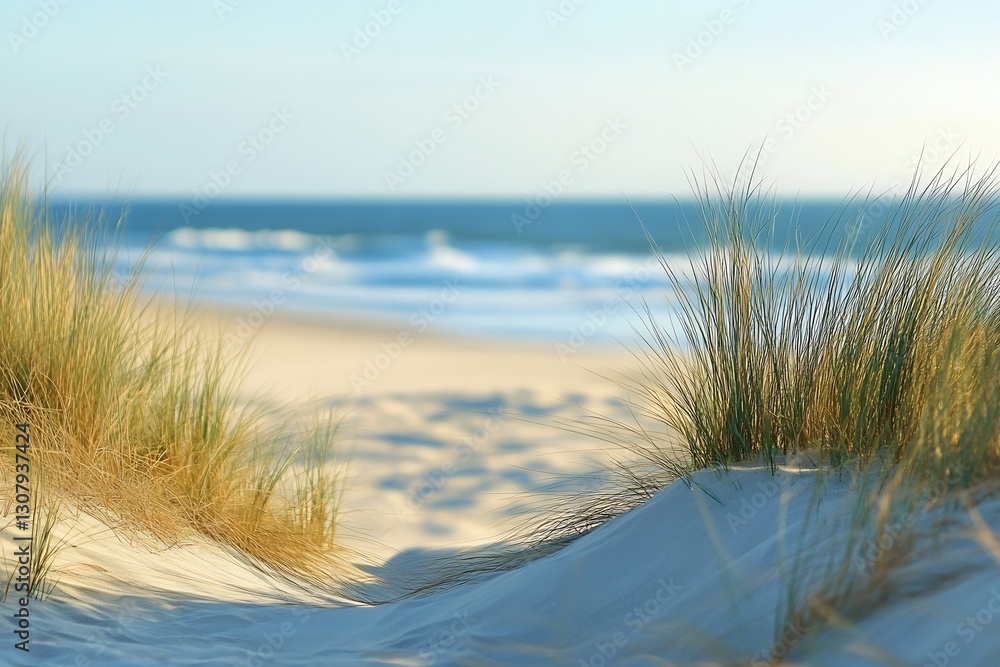 Poster serene coastal view featuring vibrant beach grass and gentle ocean waves under a bright sky : genera