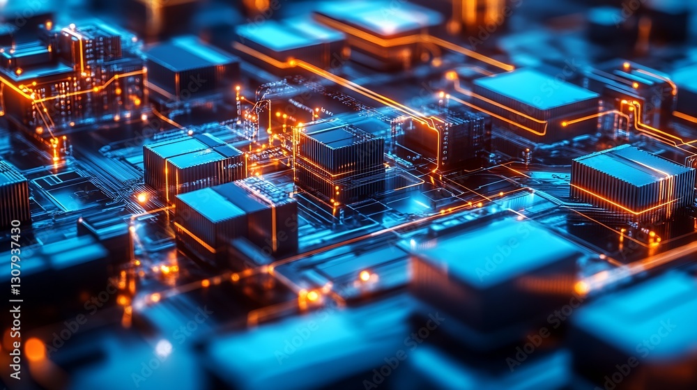 Poster Intricate layout of microprocessors and circuits displaying a blend of blue and orange in a futuristic environment : Generative AI