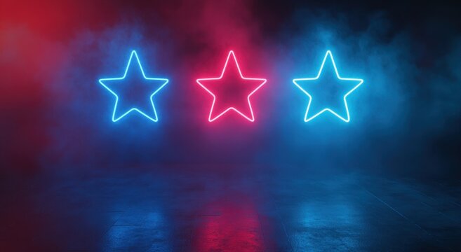 Neon star shapes illuminated in red and blue against a misty backdrop for creative design and modern digital art projects - Powered by Adobe