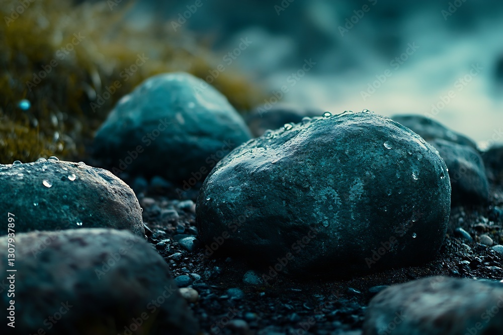 Poster collection of rain-drenched stones with drops of water resting on their surfaces : generative ai