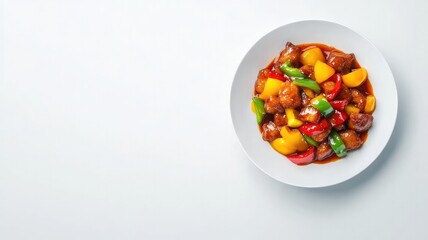  illustration of sweet and sour pork with crispy pork pieces and bell peppers in glossy red sauce, set against a white background.

