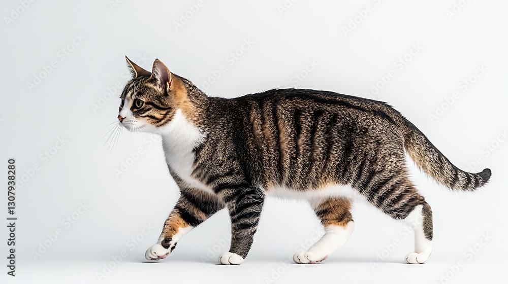 Poster tabby cat walking gracefully across a clean white background showcasing its unique fur pattern and p