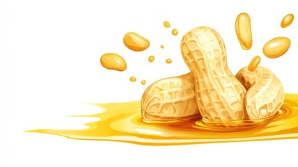 Golden peanuts and peanut oil illustration with three visible seeds