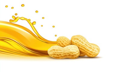 Golden peanuts and peanut oil illustration with three visible seeds
